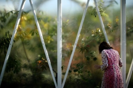 A visitor looks through the glass of a greenhouse at the Chelsea Flower Show in London. The prestigious gardening show opens to the public on 20 May, and features hundreds of stands and exhibition gardens.