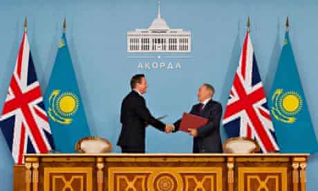 David Cameron and Kazakh president Nursultan Nazarbayev after signing a trade partnership agreement