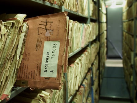 Card indexes of the former East German Stasi secret service are seen in Berlin.