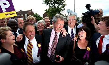 Nigel Farage celebrates with Ukip councillors in Thurrock, Essex