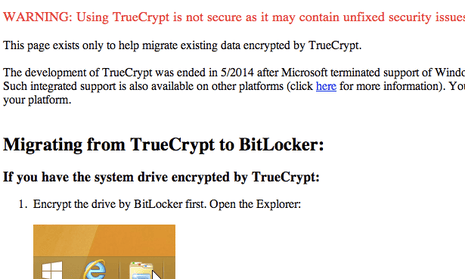 A screenshot of the TrueCrypt website following its notice.