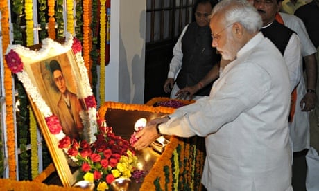 Narendra Modi pays tribute to freedom fighter Veer Savarkar, creator of the Hindutva ideology. 
