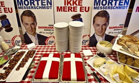 A poster saying 'No more EU' and buffet for the DPP at the Danish parliament, in Copenhagen.