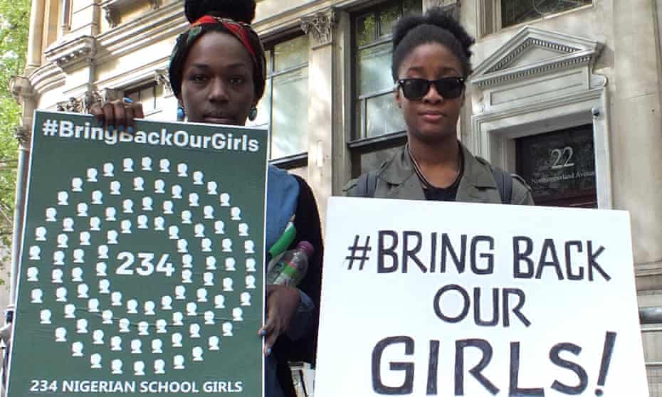 Demonstrators opposite the Nigerian high commission in London calling for the government to step up efforts to rescue the schoolgirls.