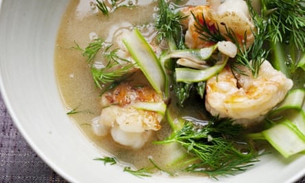 igel Slater's prawn broth with asparagus recipe in a deep bowl