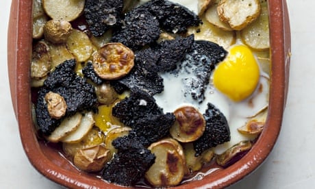 Nigel Slater's potato and black pudding in a baking dish