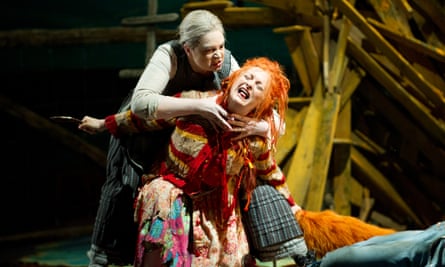 Jean Rigby (Forester's Wife) and Lucy Crowe (Vixen Sharp Ears) in The Cunning Little Vixen by Janacek at Glyndebourne, May 2012.