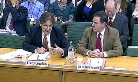 Lord Lawson (left) and  Dr Benny Peiser, Director (right), Global Warming Policy Foundation appear before the Science and Technology Committee in Portcullis House, London. Photograph: PA