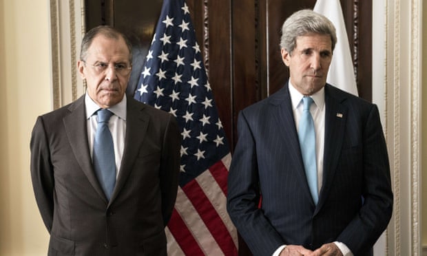 Russian Foreign Minister Sergey Lavrov (L) and US Secretary of State John Kerry stand together before talks on Crimea in March 2014.