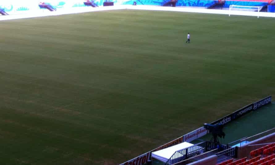 Another image, taken from a different angle, shows better sections of the pitch, although the yellow sections of the playing surface can still clearly be seen.