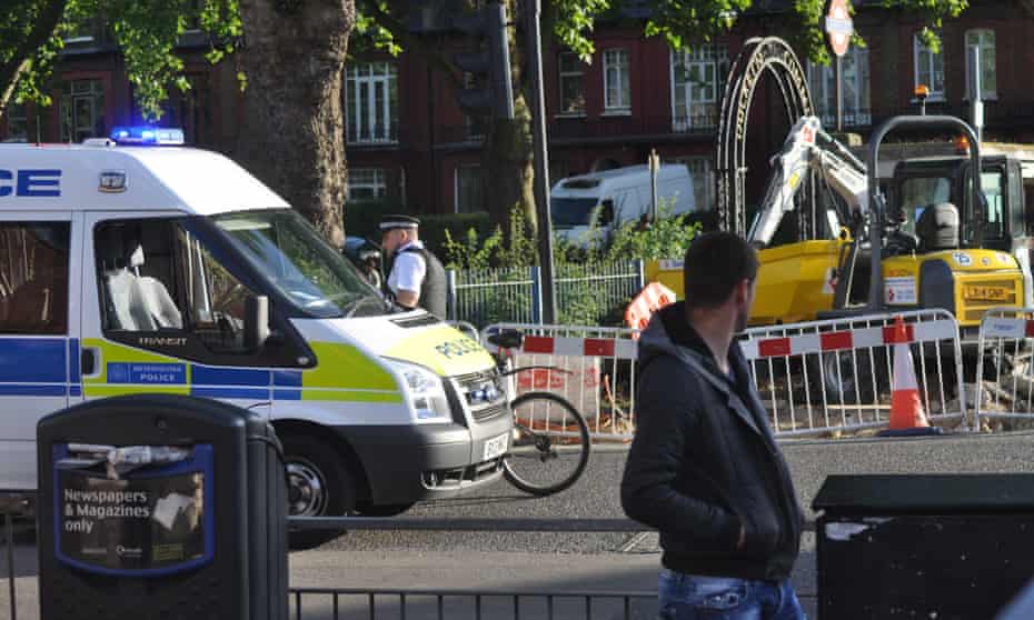 The aftermath of a road crash involving a cyclist and a car in north London on Tuesday, which injured the rider.