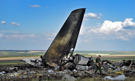 The wreckage of the Ukrainian Il-76 jet brought down at Lugansk.