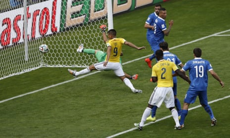 Colombia's forward Teofilo Gutierrez scores.