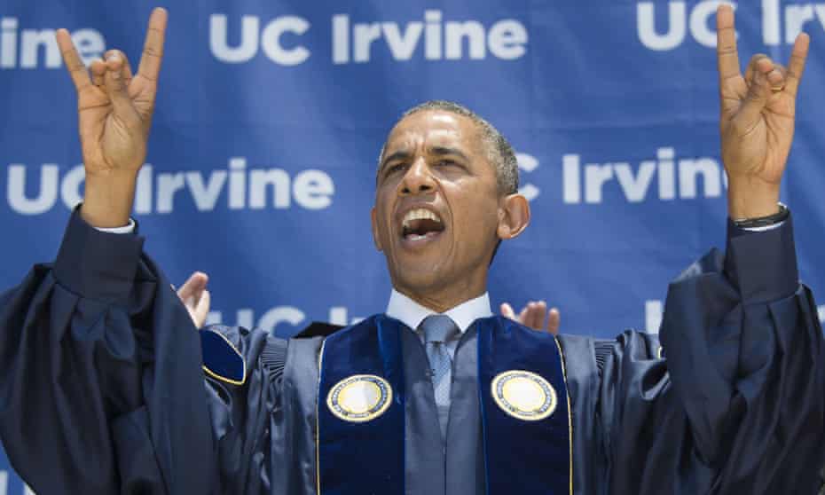 US President Barack Obama yelled 'Zot, Zot, Zot', as he makes the symbols of the Anteater, the mascot for the University of California-Irvine.