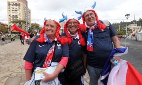 French soccer fans on their way to the stadium for the FIFA World Cup 2014 group E preliminary round match between France and Honduras at the Estadio Beira-Rio in Porto Alegre