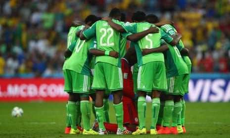 Nigeria huddle at the start of the second half.