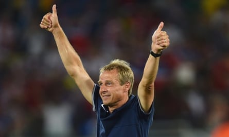 Jurgen Klinsmann of the United States celebrates his team 2-1 victory over Ghana.