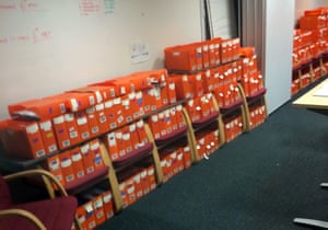 Boxes of passport applications, taken by a member of staff, in an office in Liverpool.