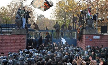 The UK embassy in Tehran under siege during an anti-British demonstration in November 2011 