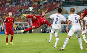 Spain versus Chile: Sergio Ramos fires over with a scissor kick 