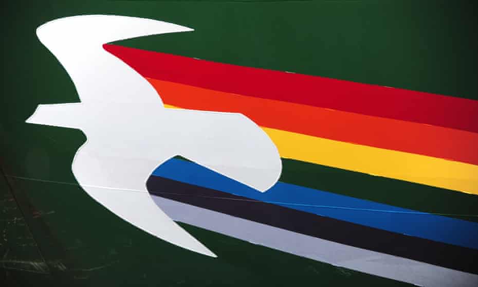 A close-up of the logo on the new Rainbow Warrior built in 2011, in Vancouver on 2 November 2013.
