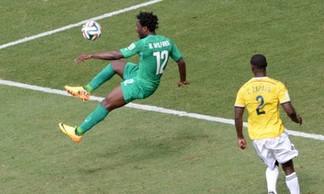 Ivory Coast's forward Wilfried Bony just fails to connect from Yaya Toure's pinpoint cross.