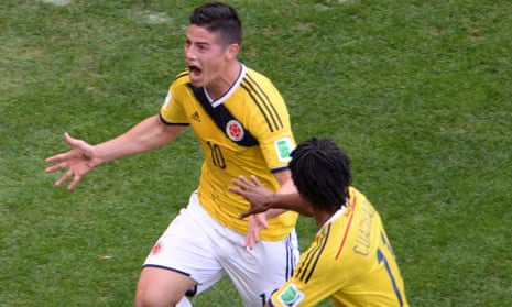 James Rodríguez celebrates after Colombia's opener.