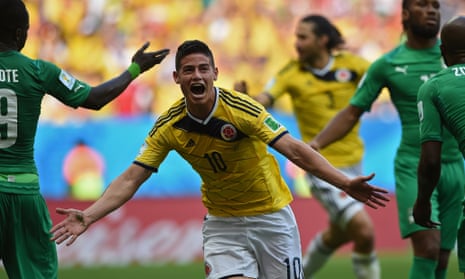 Colombia's midfielder James Rodriguez celebrates.