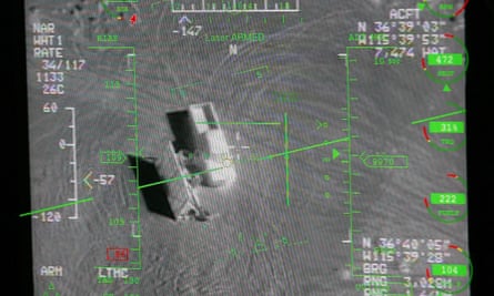 A pilot's heads up display from the view of a camera on an MQ-9 Reaper drone during a training mission.