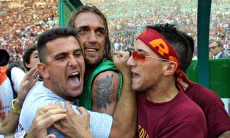 Gabriel Batistuta celebrates winning the scudetto with Roma fans 