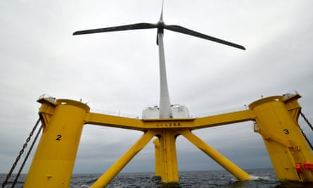 Fukushima Mirai wind turbine floats 20 kilometers off the coast of Fukushima Prefecture on October 4, 2013 in Naraha, Fukushima, Japan. The wind turbine on a floating rig foundation, measures 80 meters across and rises 106 meters from the sea surface to the tip of a blade at its highest position. Mirai means future in Japanese.