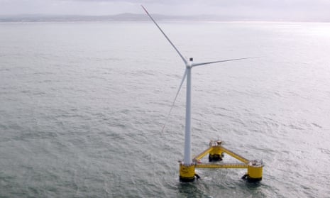 A picture taken on March 5, 2014 off the coast of Agucadoura, near Porto, shows a "Windfloat," one of the three fonctionning floating wind turbine in the world.