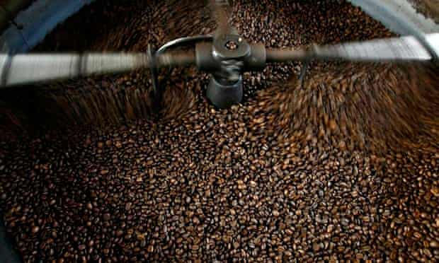 Roasted coffee for the Costa Rican domestic market cools at a processing plant in Atenas