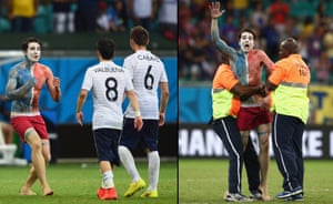A French fan was so impressed by his team's performance he popped onto the pitch to congratulate the players, but before long was apprehended by security.