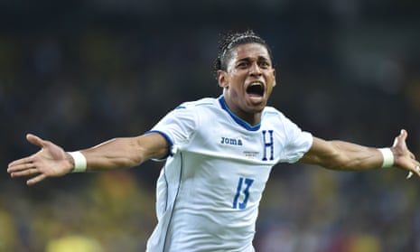Carlo Costly celebrates scoring Honduras's first World Cup goal since 1982.