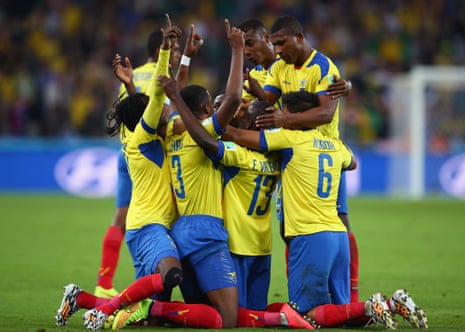 Enner Valencia and his team-mates celebrate after he scored Ecuador's second.