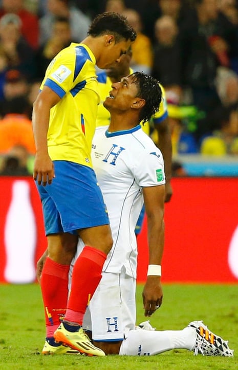 Jefferson Montero goes toe to knee with Carlo Costly.