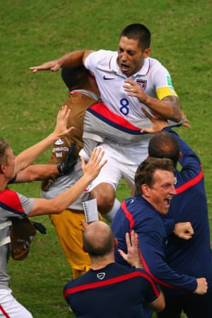 Dempsey celebrates with the USA squad.
