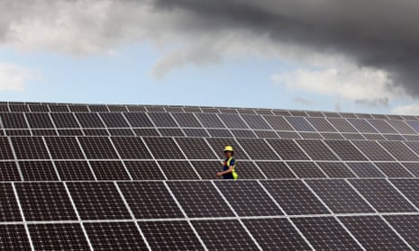 Lines of solar panels near Truro, England. Sunny weather has helped solar power set new records in the UK