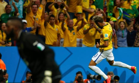 Brazil's Neymar celebrates puting Brazil back in front, scoring his second.
