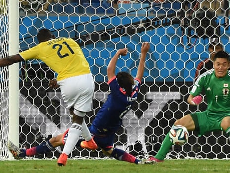 Colombia's forward Jackson Martinez scores.
