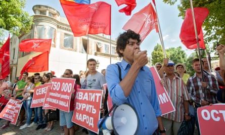 Supporters of the Socialist Party of Moldova protest against the EU deal outside the US embassy in Chisinau.