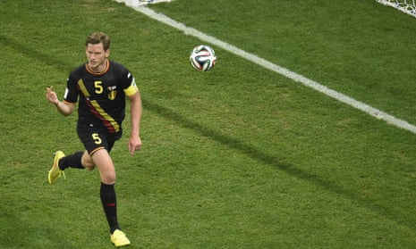Belgium's defender Jan Vertonghen celebrates after scoring the opening goal.