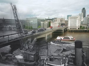 Looking north across London Bridge in the 1920s and in the modern day