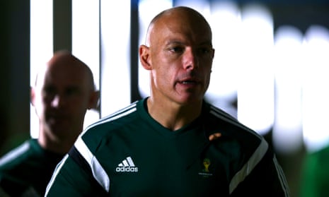 Referee Howard Webb walks out for the warm up prior to the 2014 World Cup Brazil match between Brazil and Chile.