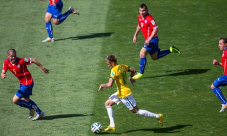 Neymar has company as he goes on a foray into the Chilean half.