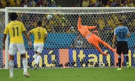 James Rodriguez's fantastic shot flies past Fernando Muslera and into the net.