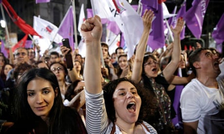 Supporters chanting at an election rally of Greece's opposition Syriza party in Athens in May 2014
