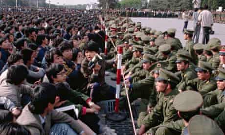 Soldiers face to face with student demonstrators during 1989's Tiananmen Square protests