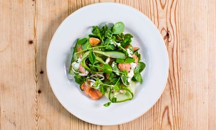 Hot smoked salmon salad on a plate at the Wheatsheaf